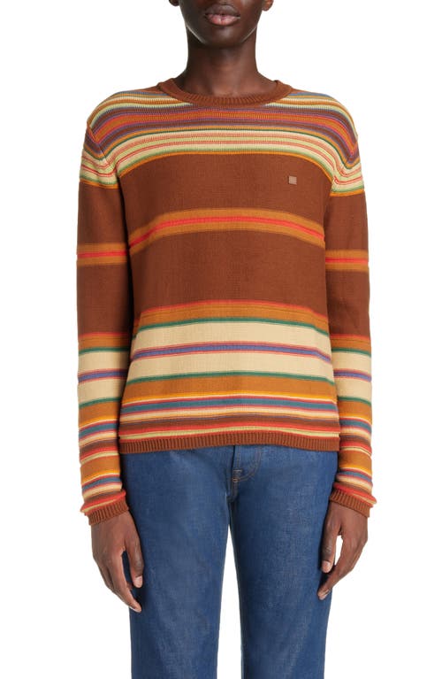 Acne Studios Face Patch Stripe Cotton Crewneck Sweater In Cinnamon Brown/multi