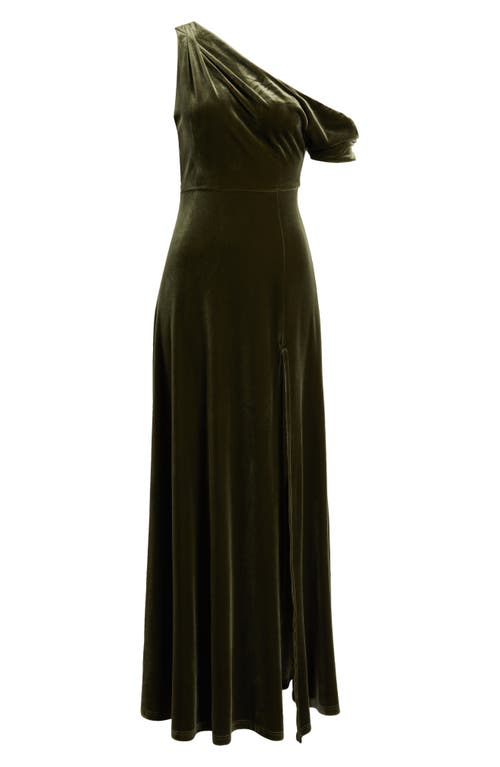 Shop Lulus Coveted Confidence One-shoulder Velvet Gown In Olive