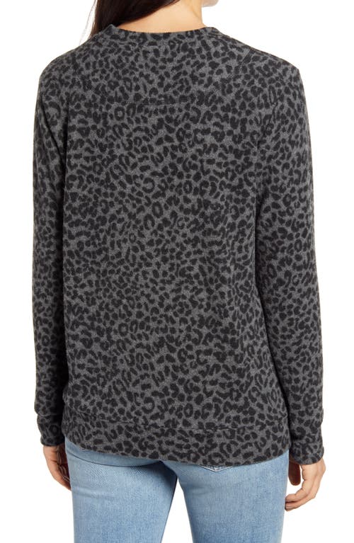 Loveappella Brushed Leopard Print Long Sleeve Crewneck Top In Gray/black