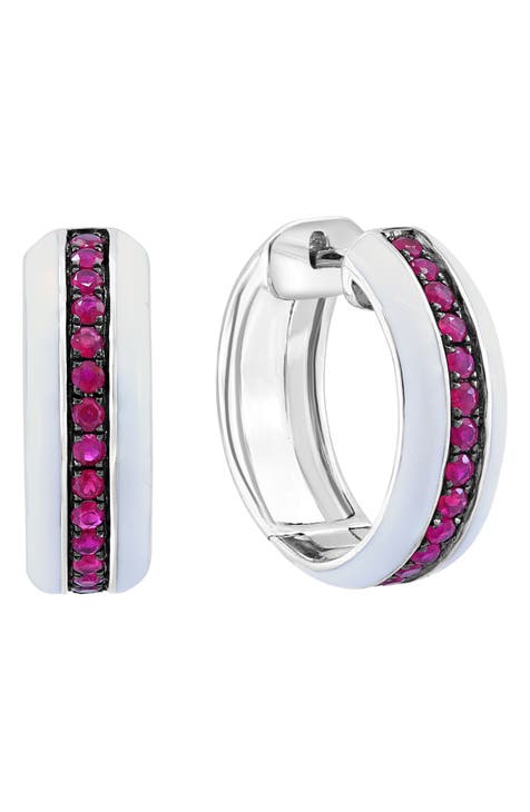 Sterling Silver Pavé Ruby Huggie Hoop Earrings