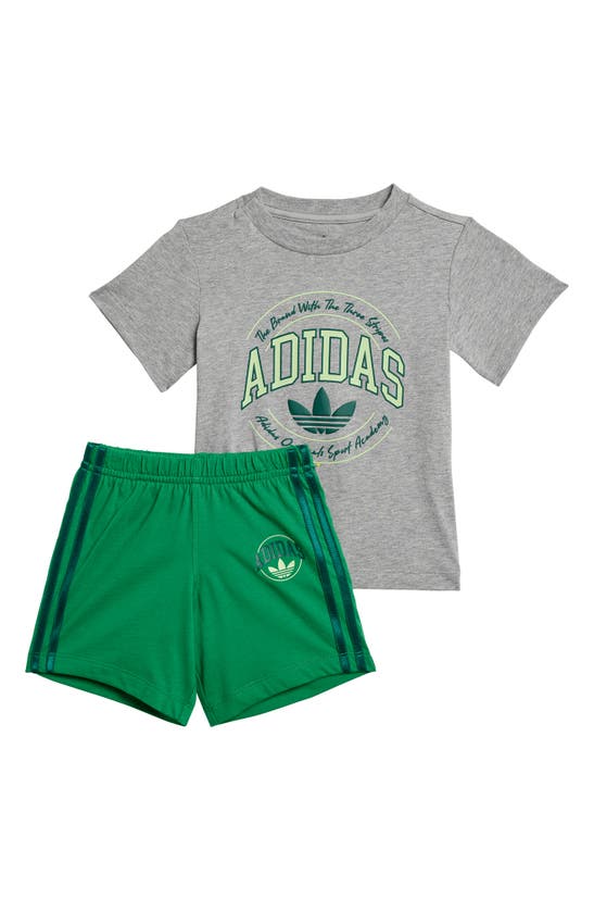 Shop Adidas Originals Vrct Lifestyle Graphic T-shirt & Shorts Set In Medium Grey Heather/ Green