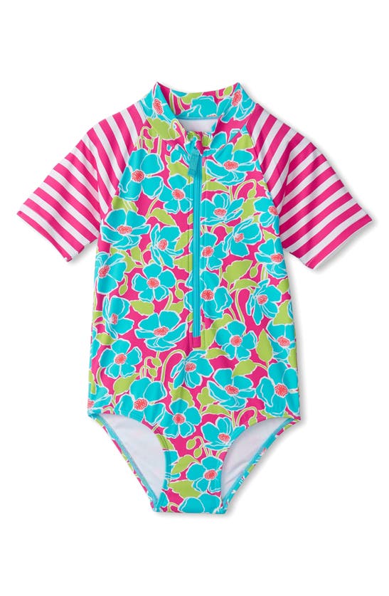 Shop Hatley Kids' Floating Poppies Short Sleeve One-piece Rashguard Swimsuit In Blue/ Pink Multi