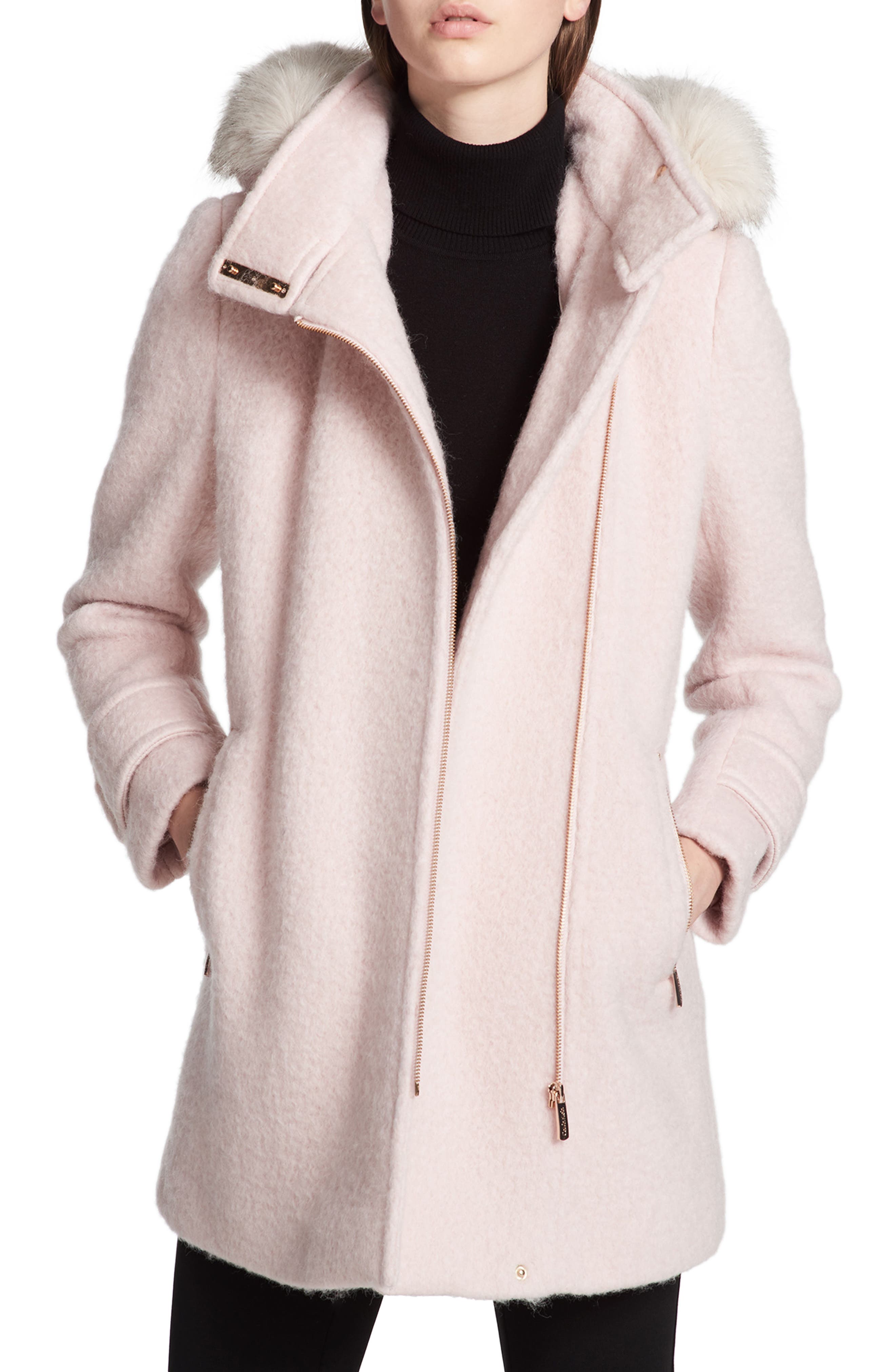 wool coat with faux fur hood