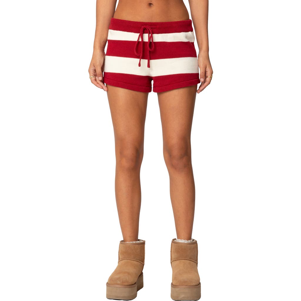 Shop Edikted Riley Stripe Knit Shorts In Burgundy-and-cream