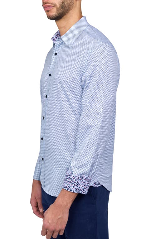 Shop Construct Slim Fit Abstract Square Four-way Stretch Performance Button Up Shirt In White/blue