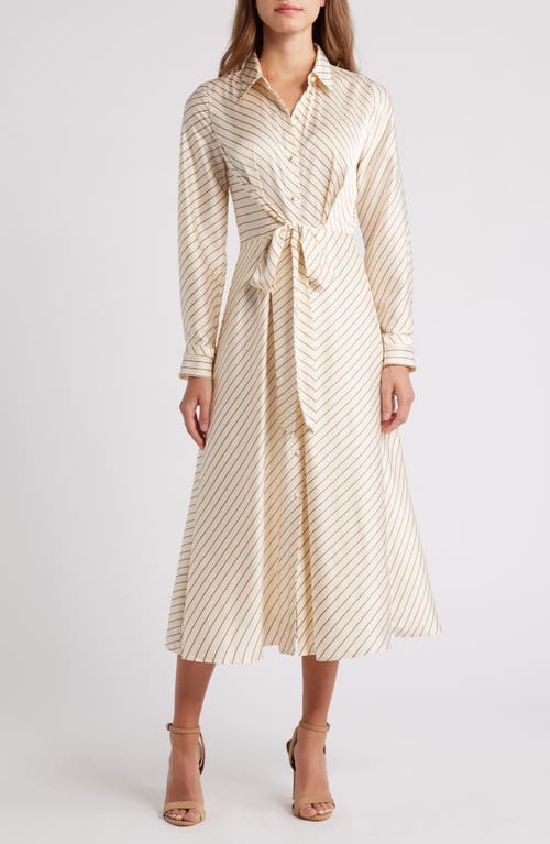 Shop Zoe And Claire Stripe Long Sleeve Satin Shirtdress In Champagne