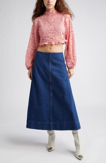 FARM Rio Guipure Lace Long Sleeve Crop Top