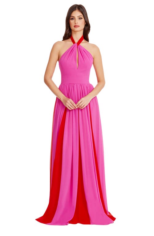 Shop Dress The Population Meg Two-tone Halter Gown In Bright Fuchsia-poppy