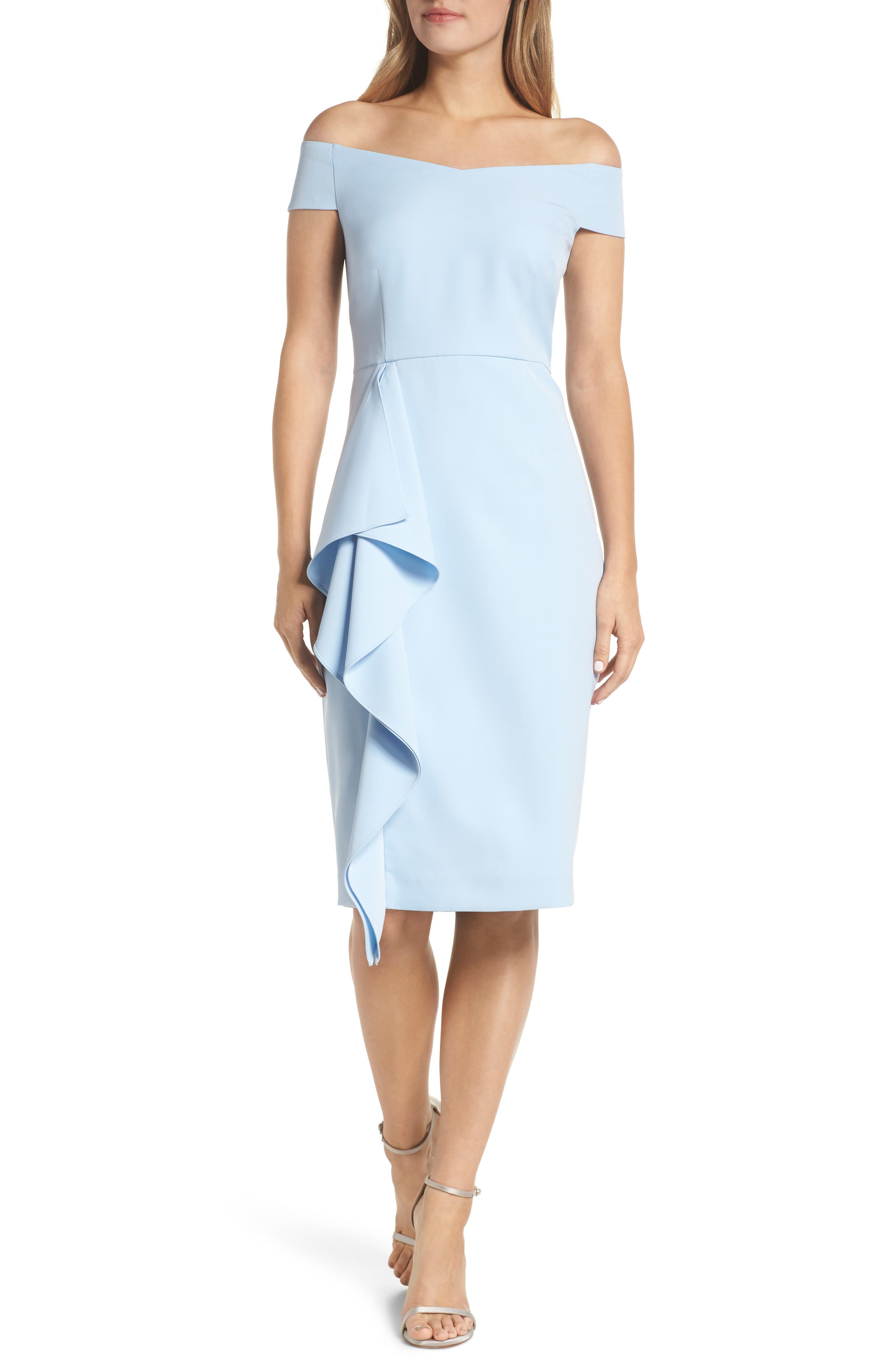 Vince Camuto Off The Shoulder Front Ruffle Cocktail Dress, Blue