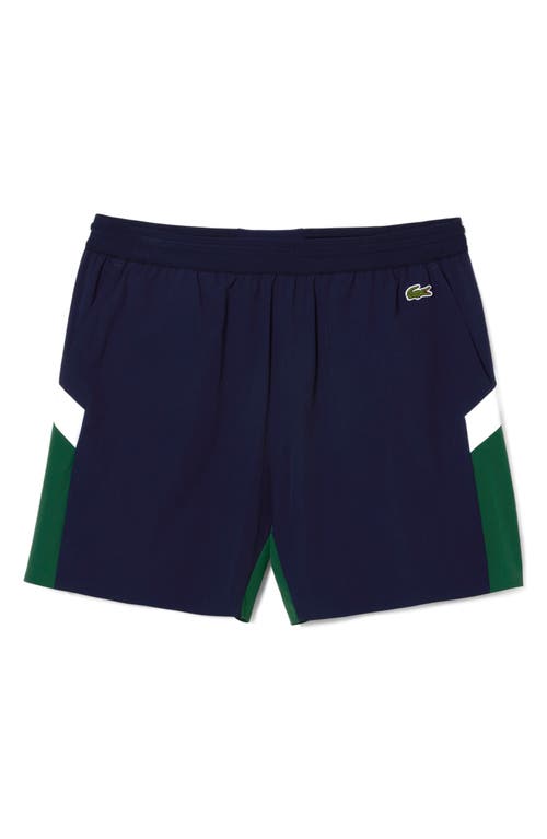 Lacoste Colorblock Cotton Swim Trunks In Yun Navy Blue/green-flour