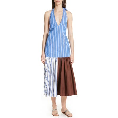 Tibi Vivian Stripe Halter Midi Dress, Blue