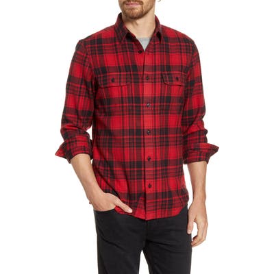 1901 Trucker Trim Fit Plaid Flannel Button-Up Shirt, Red