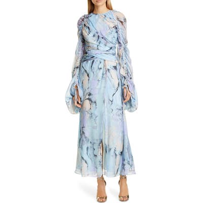 Flor Et. Al Arandas Long Sleeve Silk Chiffon Gown, Blue