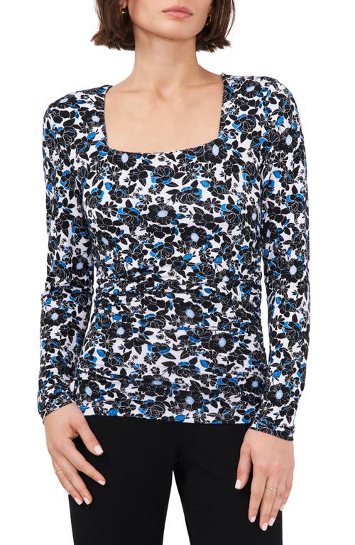 halogen(r) Floral Ruched Square Neck Top in Midnight Bloom/Ivory at Nordstrom, Size Small