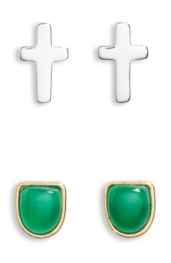 Shop Argento Vivo Sterling Silver Set Of 2 Green Onyx & Cross Stud Earrings In Gold/silver
