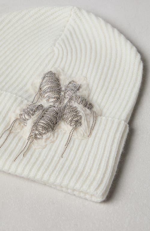 Shop Brunello Cucinelli Cashmere Rib Knit Beanie With Precious Flower Crest In White