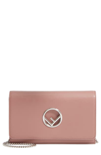Fendi Liberty Logo Calfskin Leather Wallet On A Chain In English Rose