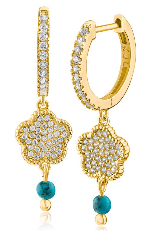 Shop Cz By Kenneth Jay Lane Cz Pavé Clover Dangle Huggie Hoop Earrings In Turquoise/gold