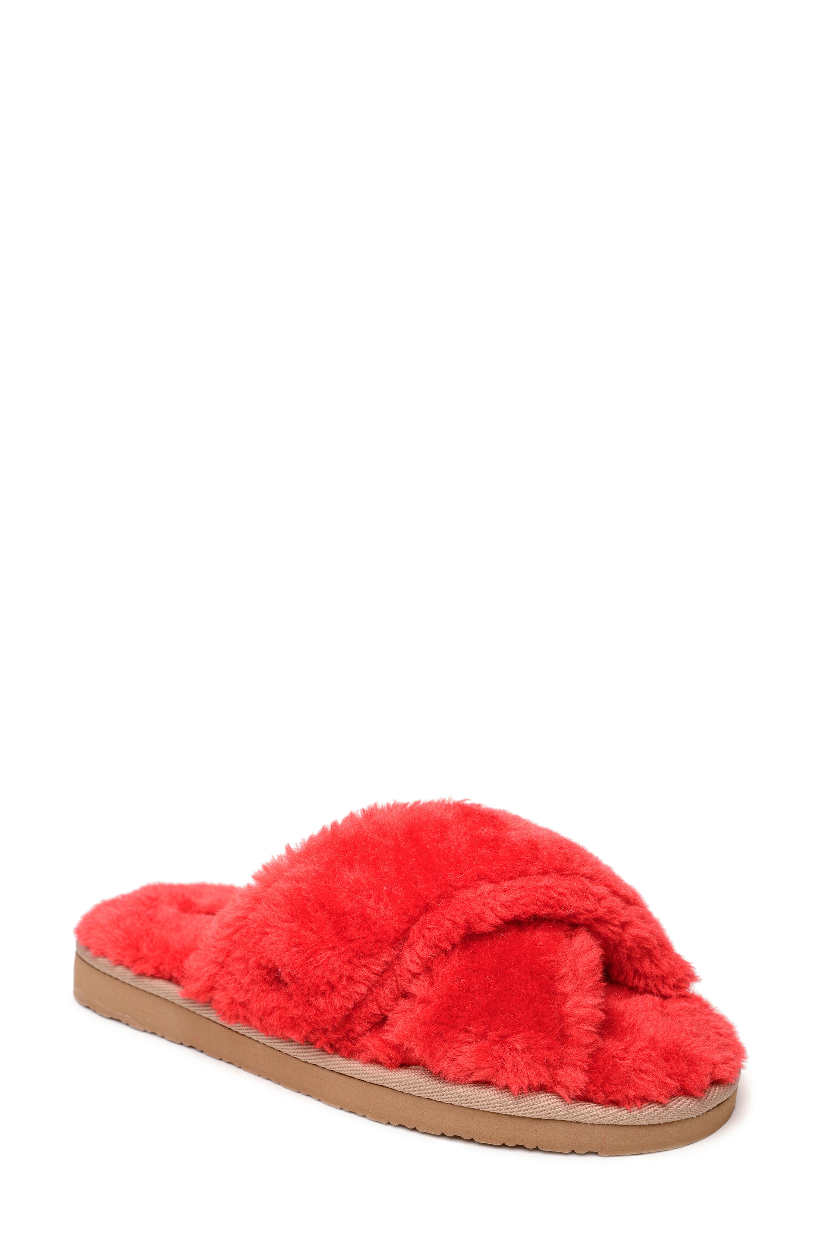 red fuzzy shoes