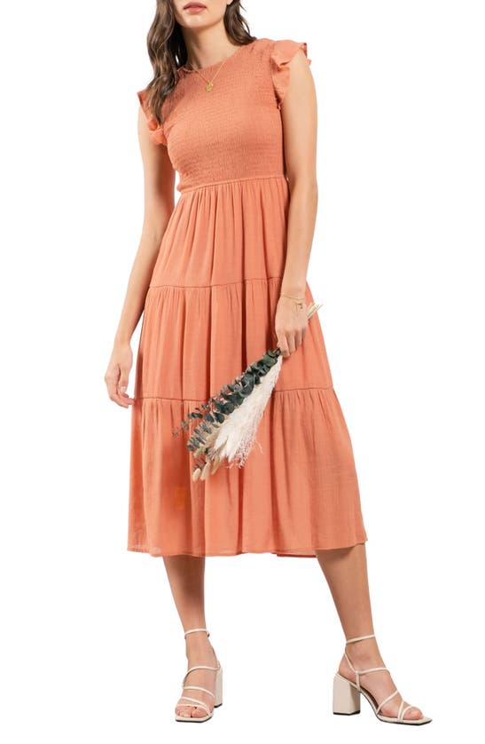 BLU PEPPER FLUTTER SLEEVE SMOCKED TIERED MIDI DRESS