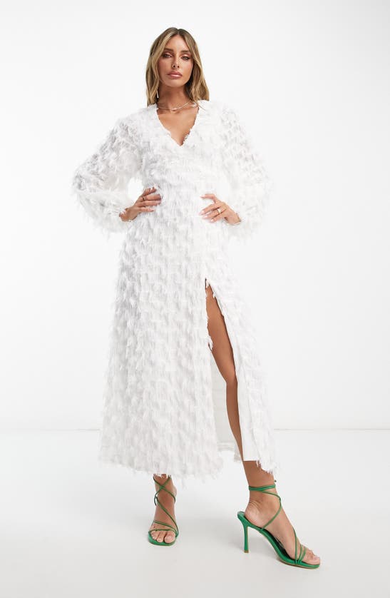 Asos Design Fluffy Midi Dress With Pleated Waistbelt In Cream-white