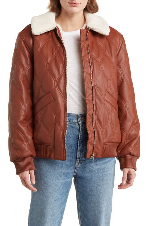 Faux Shearling Lined Quilted Faux Leather Bomber Jacket