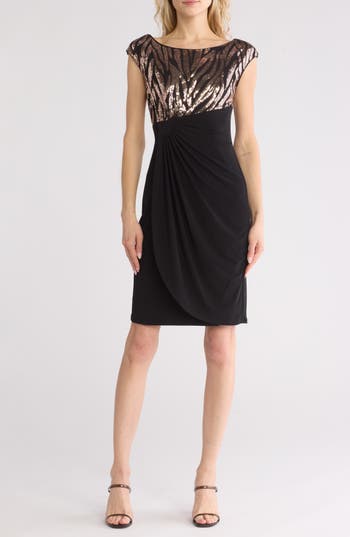Connected Apparel Sequin Faux Wrap Dress In Black/gold