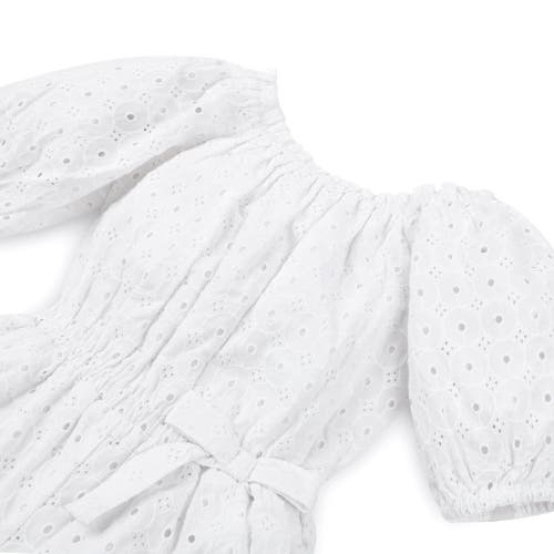 Shop Hope & Henry Girls' Puff Sleeve Eyelet Romper, Kids In White Circle Grid Eyelet