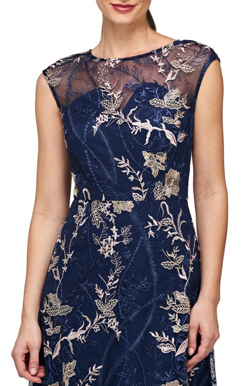 Js Collections Brynn Floral Embroidered Mesh Dress In Navy/blush