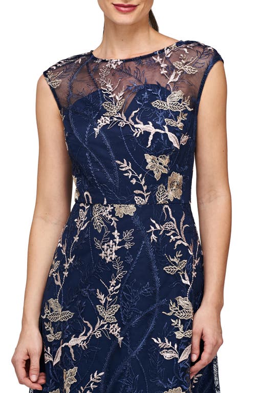 Shop Js Collections Brynn Floral Embroidered Mesh Dress In Navy/blush