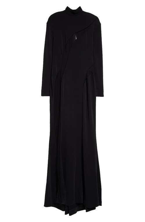 Asymmetric Illusion Inset Long Sleeve Stretch Crepe Gown in Black/Black