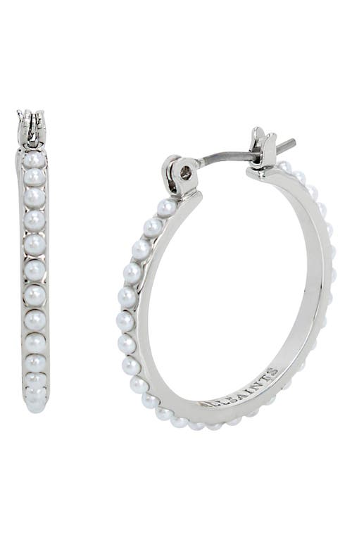 Shop Allsaints Imitation Pearl Hoop Earrings In White/rhodium