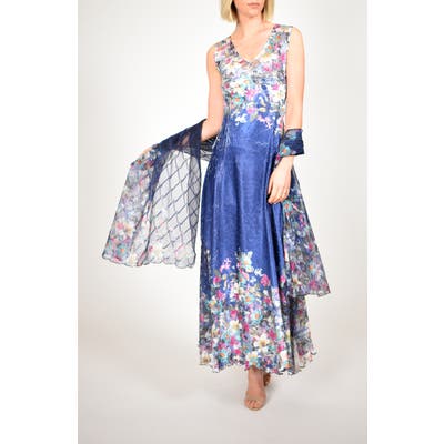 Komarov Floral Print Lace-Up Back Gown With Shawl, Blue