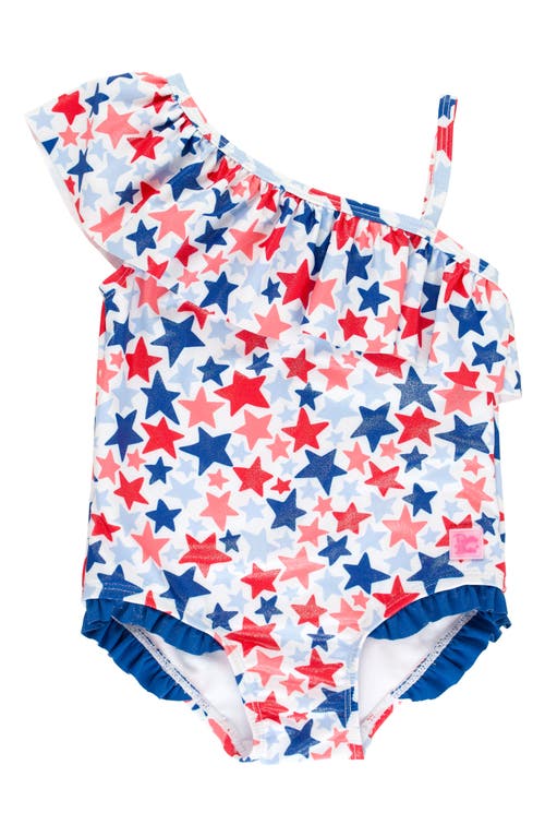 Rufflebutts Kids' Shimmer Star-spangled One-shoulder One-piece Swimsuit In White