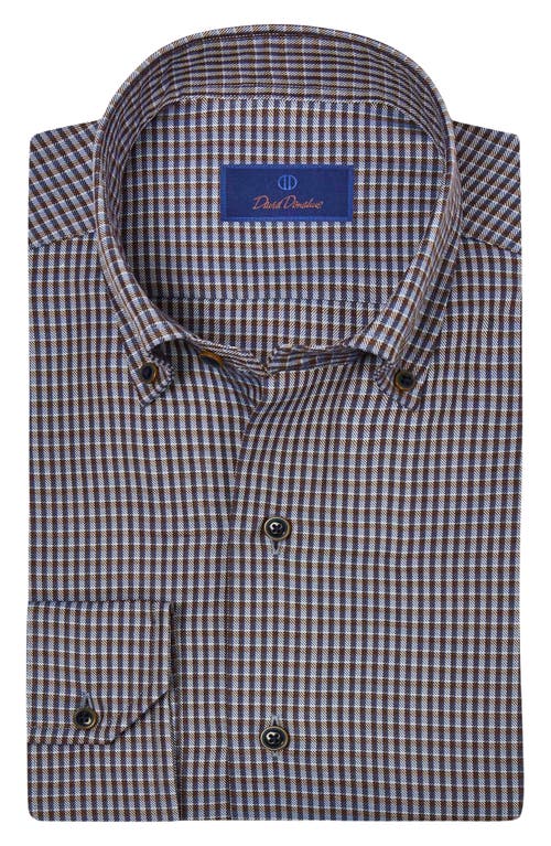 David Donahue Microcheck Herringbone Dress Shirt in Blue/Chocolate 