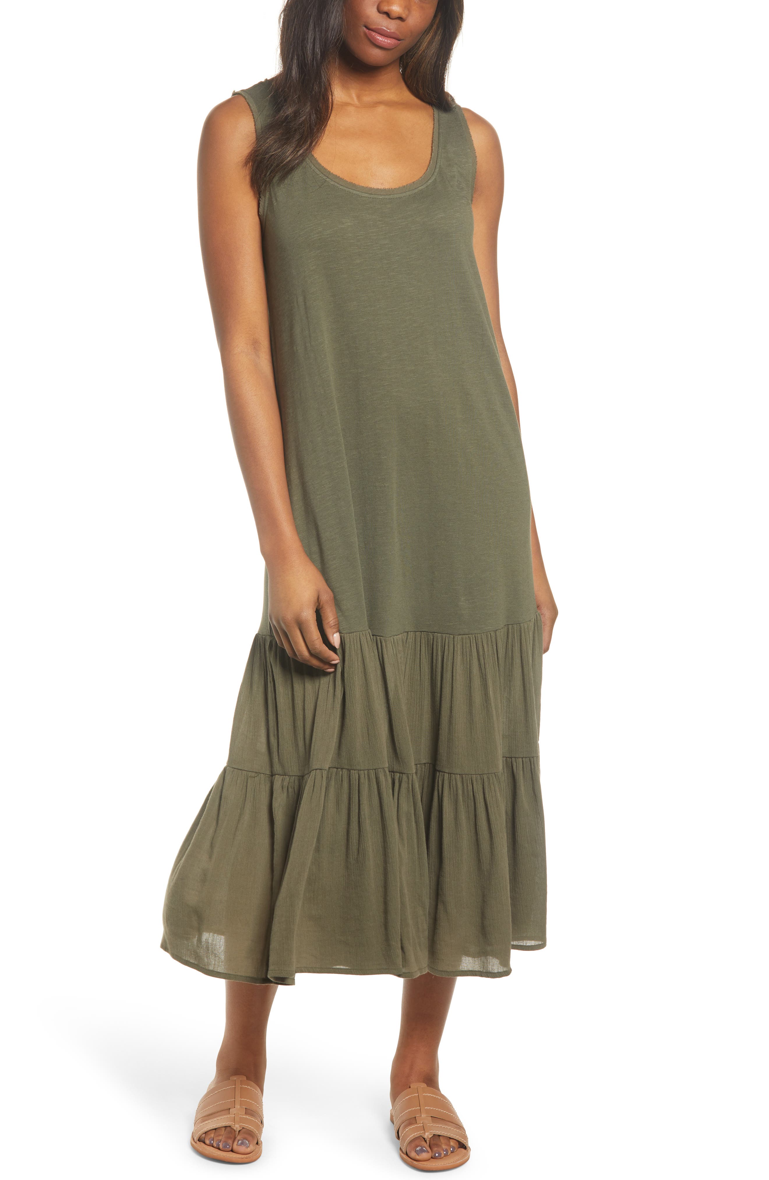 Petite Caslon Mixed Media Drop Waist Maxi Dress, Green