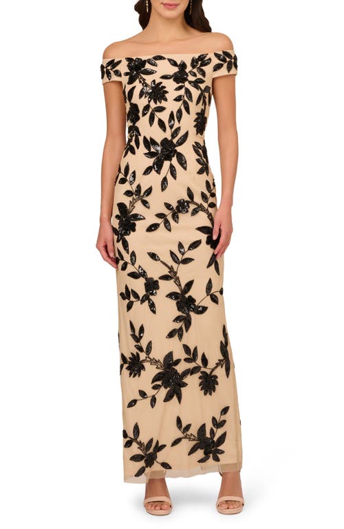 Adrianna Papell Beaded Off the Shoulder Mesh Column Gown in Beige/Black at Nordstrom, Size 6
