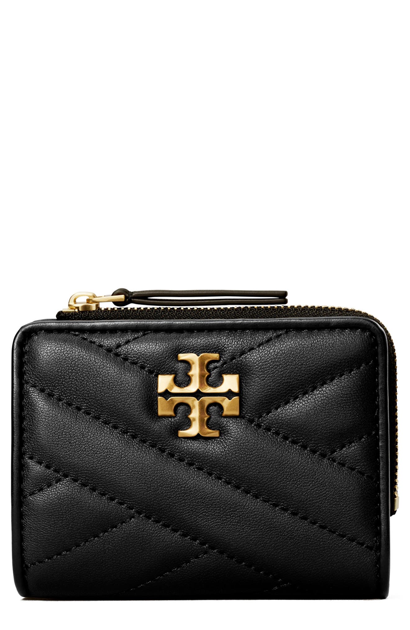 Tory Burch Kira Chevron Quilted Leather Compact Wallet In Black