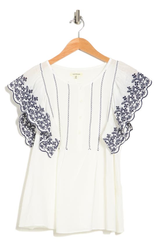 Maxstudio Embroidered Flutter Sleeve Blouse In White/ Navy Floral Line