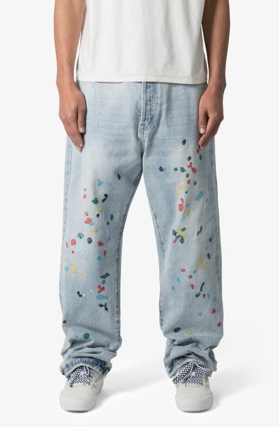 Shop Mnml Ultra Baggy Paint Stitched Jeans In Light Blue