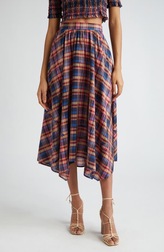 Shop Ulla Johnson Annette Plaid Asymmetric Midi Skirt In Lapis