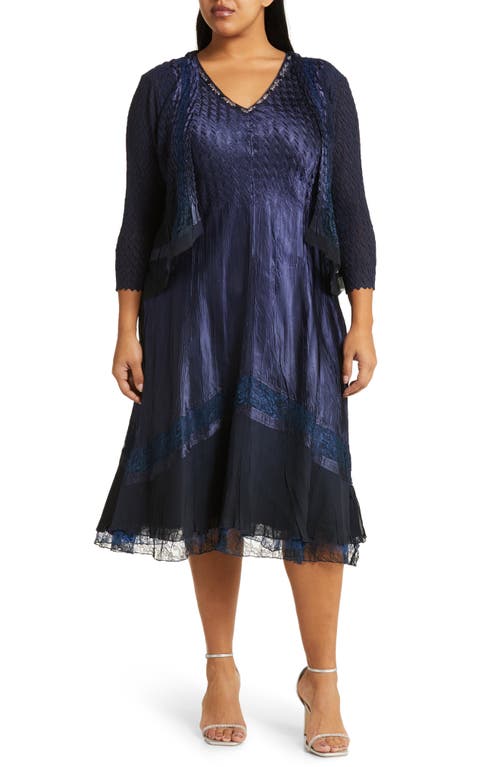 Komarov Lace Trim Charmeuse Dress with Jacket in Midnight Navy at Nordstrom, Size 3X