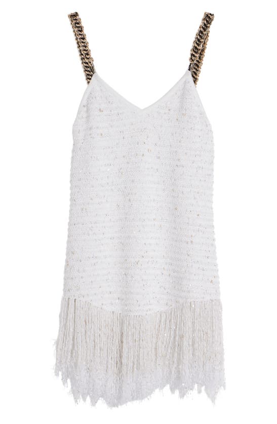 Shop Balmain Chain Strap Fringe Tweed Minidress In Gad White/ Gold