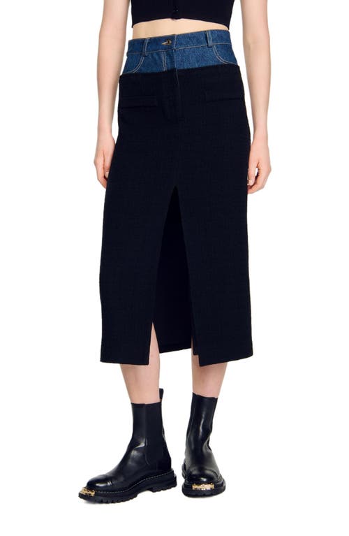Sandro Dual-material Denim And Tweed Skirt In Black