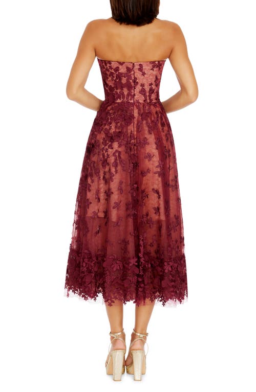 Shop Dress The Population Kailyn Floral Appliqué Strapless Midi Dress In Burgundy-beige