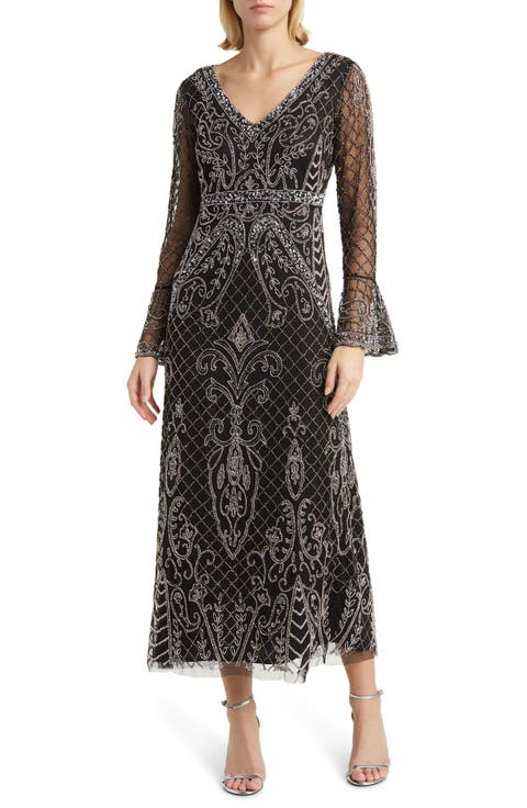 Beaded Long Sleeve Gown (Petite)