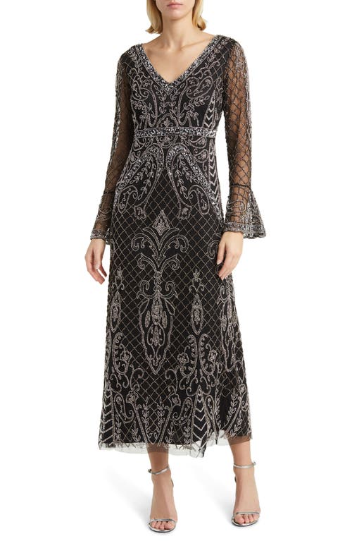 Beaded Long Sleeve Gown in Black/Silver 013