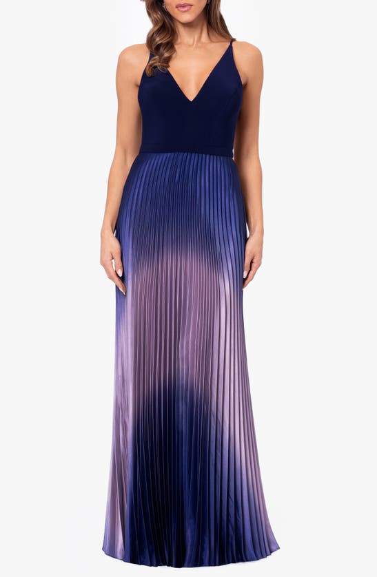 Shop Betsy & Adam Ombré Pleated Sleeveless Gown In Navy/ Mauve