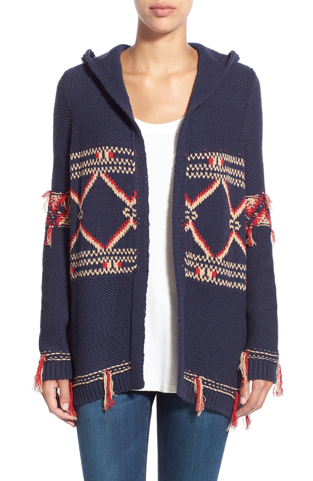 Lucky Brand 'Emotional' Tassel Trim Hooded Cardigan Nordstrom