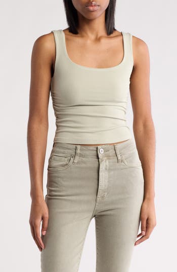 Elodie Square Neck Side Ruching Tank In Neutral